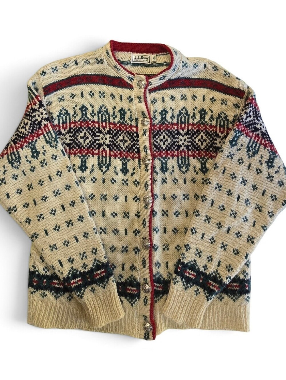 L.L. Bean Vintage Wool Fair Isle Nordic Cardigan Sweater Medium